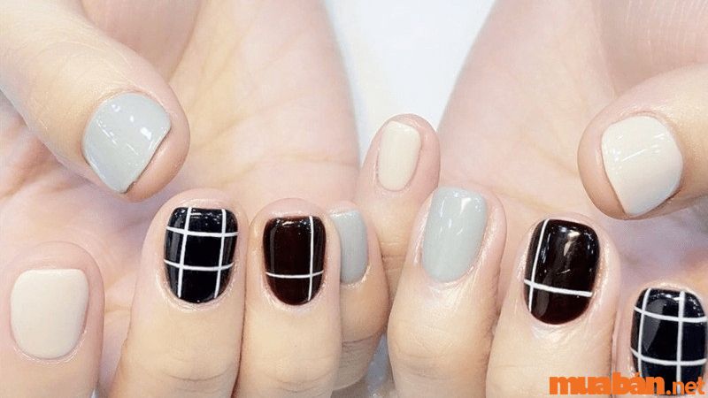 Mẫu nail trơn phối line cách điệu lạ mắt