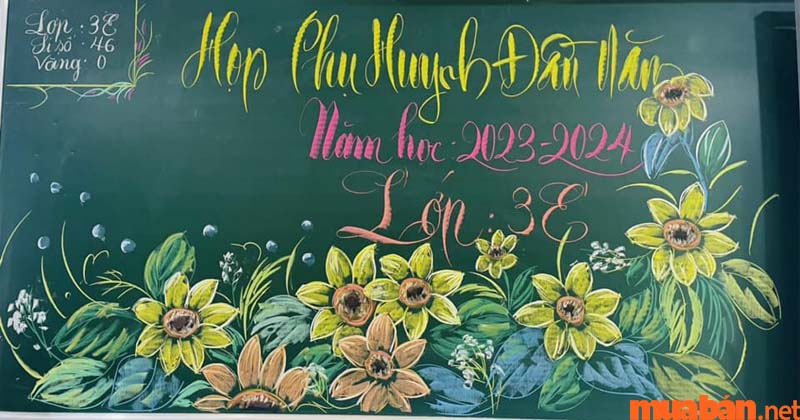Mẫu trang trí bảng bằng phấn với hình vẽ hoa hướng dương