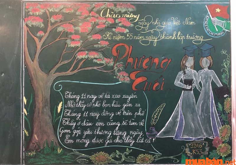 Trang trí bảng đen chủ đề Phượng Cuối chào mừng ngày Nhà giáo Việt Nam