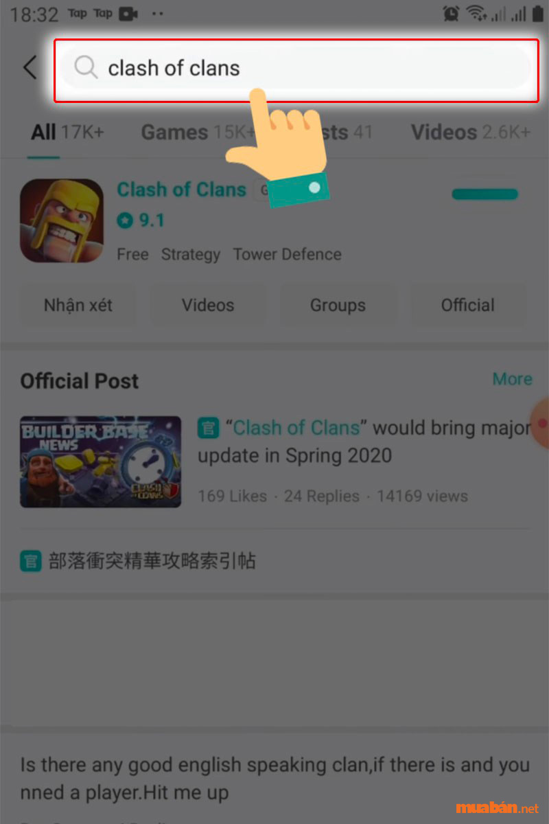 Nhập trên game Clash of Clans trên thanh tìm kiếm của ứng dụng Tap Tap