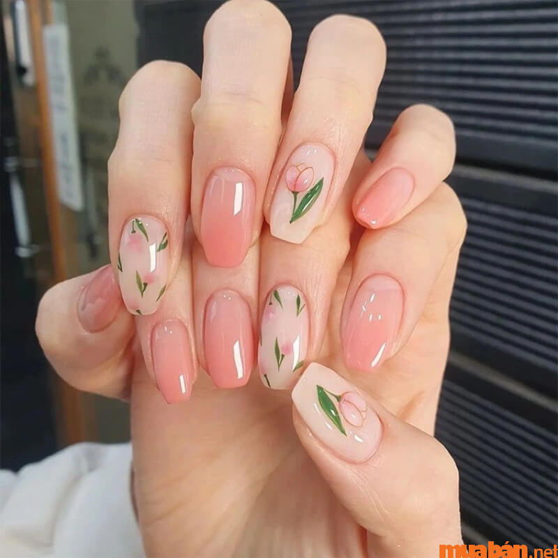 Mẫu nail hồng thạch vẽ hoa và lá