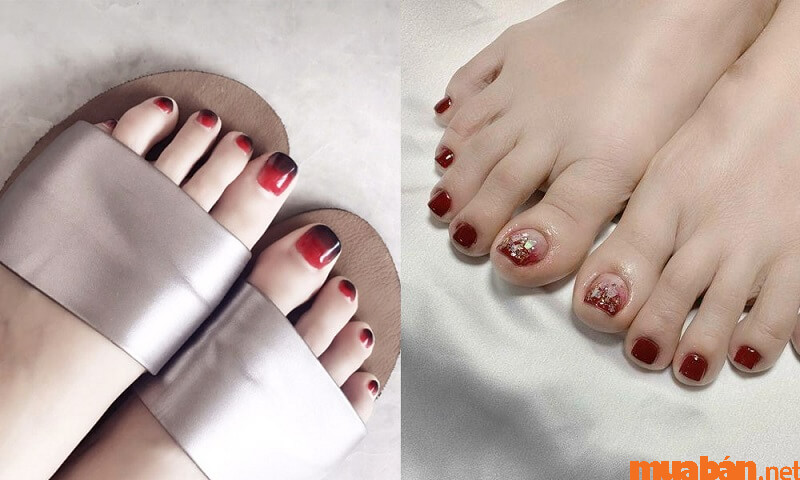 Mẫu nail chân màu đỏ ombre dịu dàng