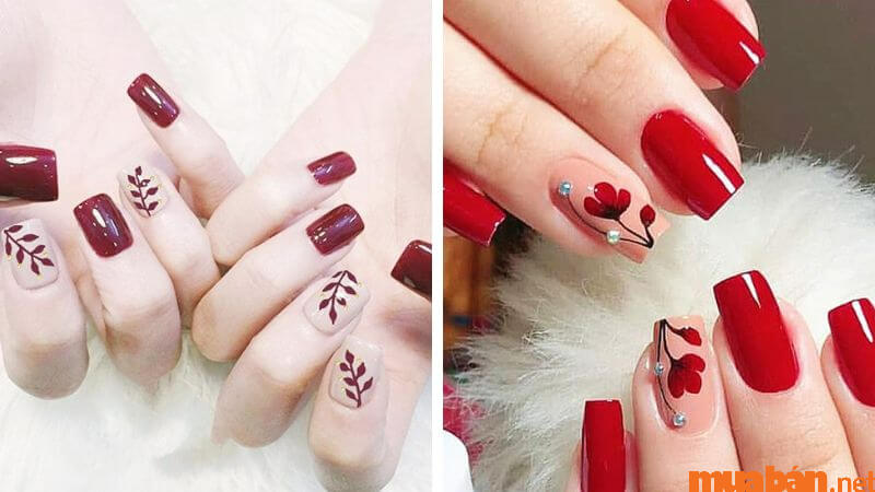 Nail Hàn Quốc màu son môi họa tiết hoa lá