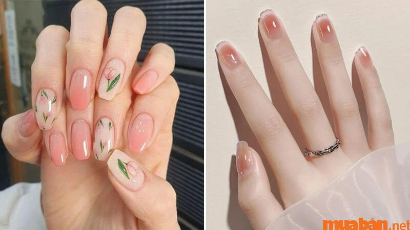 Nail Hàn Quốc màu trong đơn giản với hoa