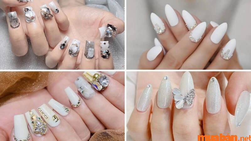 Mẫu nail Hàn Quốc đính đá màu trắng