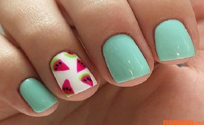 Mẫu nail dưa hấu hồng phối cùng xanh bơ nổi bật mẫu 2