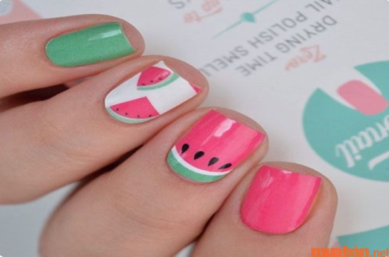 Mẫu nail dưa hấu hồng phối cùng xanh bơ nổi bật mẫu 3