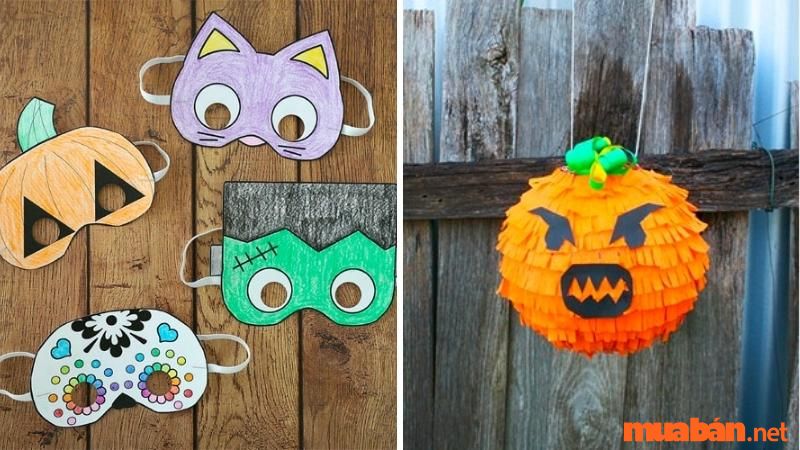 Trang trí Halloween bằng giấy hình mặt nạ và quả bí ngô