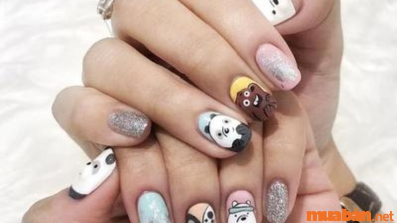 Mẫu nail hoạt hình We Bare Bears phối màu và họa tiết xinh xắn