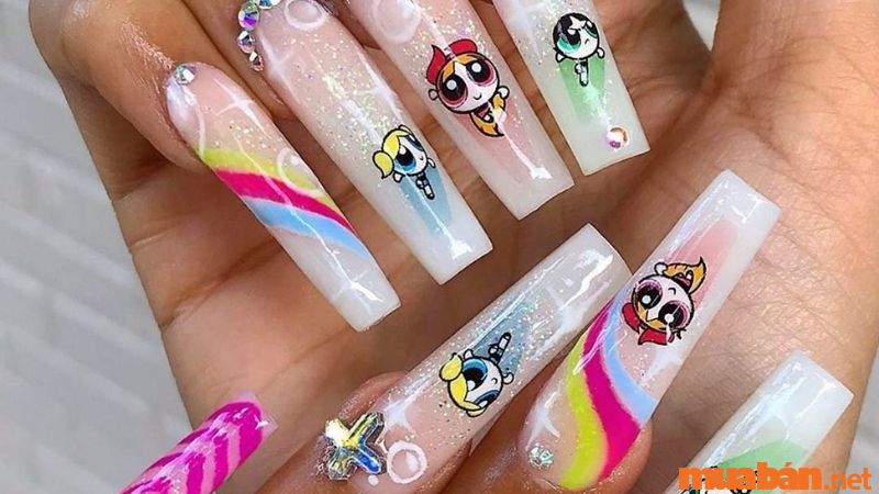 Nail hoạt hình cô gái siêu nhân nhiều màu sắc sang chảnh