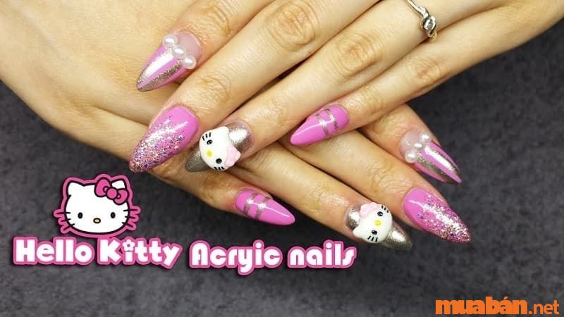 Nail hoạt hình Hello Kitty kim tuyến, họa tiết nổi bật