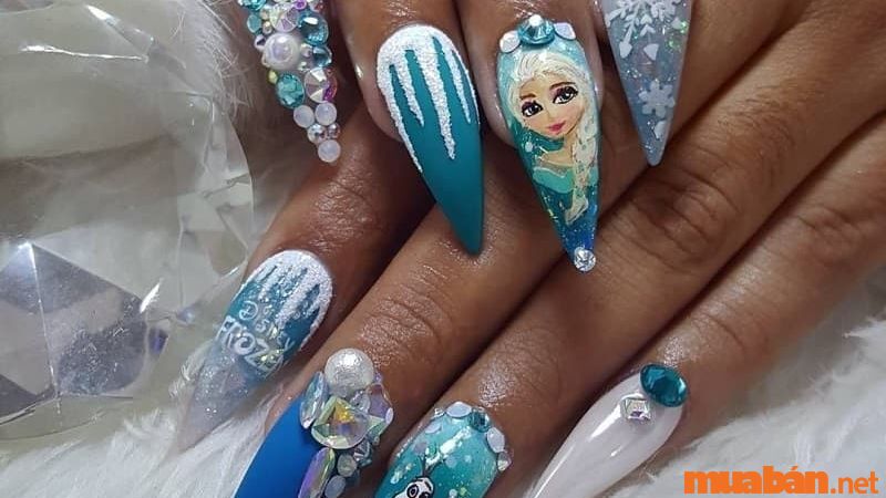 Nail hoạt hình nữ hoàng Elsa form nhọn cầu kỳ và nổi bật