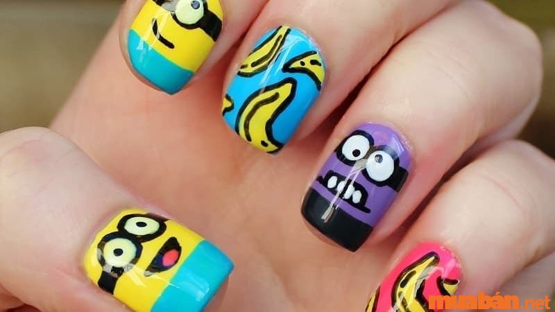 Mẫu nail hoạt hình Minion nhiều màu sắc ngộ nghĩnh