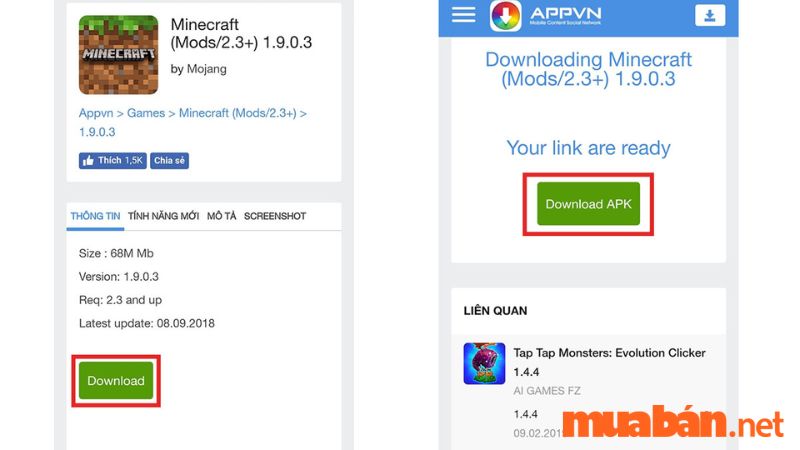 Bước 2: Bấm chọn “Download” và “Download APK” để tải tựa game Minecraft về Android.