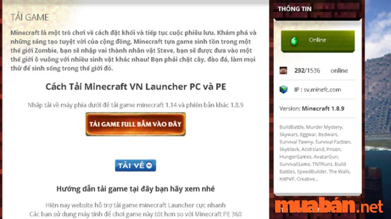 Bước 1: Truy cập vào trang web download Minecraft rồi chọn “Tải game Full bấm vào đây”.