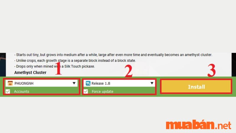 Bước 3: Nhập tên người chơi sau đó chọn phiên bản “Release 1.8” rồi nhấn “Install”.