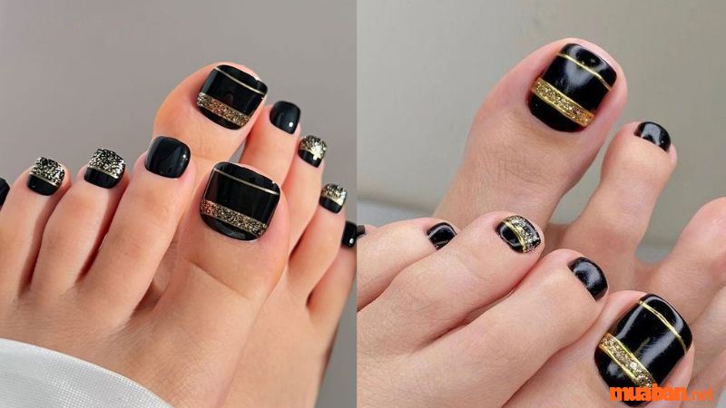 Mẫu nail chân đơn giản màu đơn kết hợp kim tuyến kẻ ngang - Nguồn: Bestme.vn