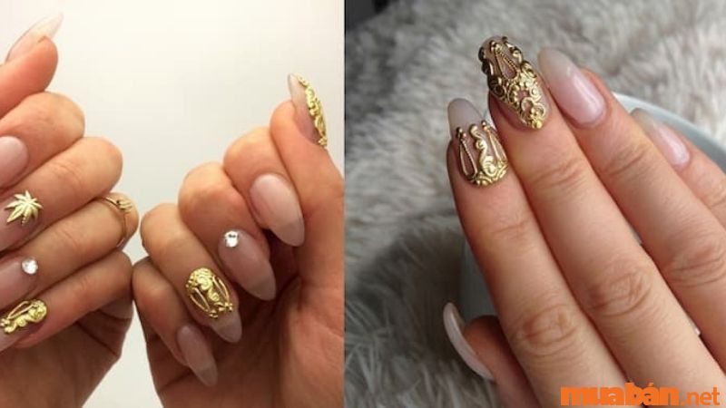 Mẫu nail cô dâu đính kim loại kết hợp màu nước gạo (Nguồn: zicxa.com)