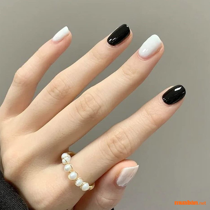 Bộ nail móng ngắn đơn giản phong cách trắng đen xen kẽ