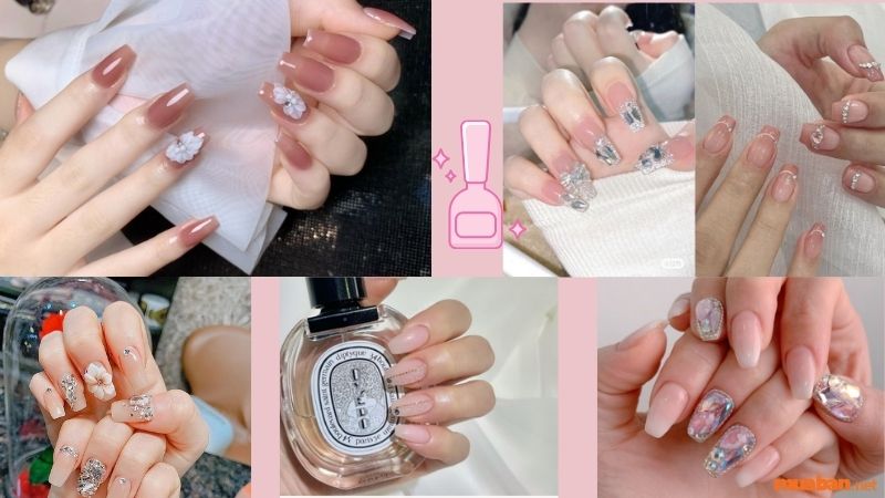 Mẫu nail hồng thạch đính đá quyến rủ