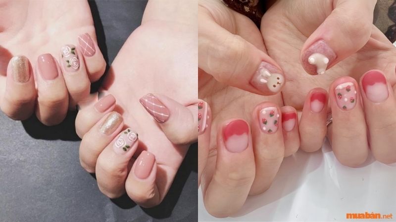 Mẫu nail đẹp màu hồng thạch họa tiết đơn giản