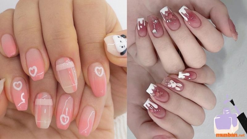 Mẫu nail đẹp màu hồng thạch họa tiết đơn giản