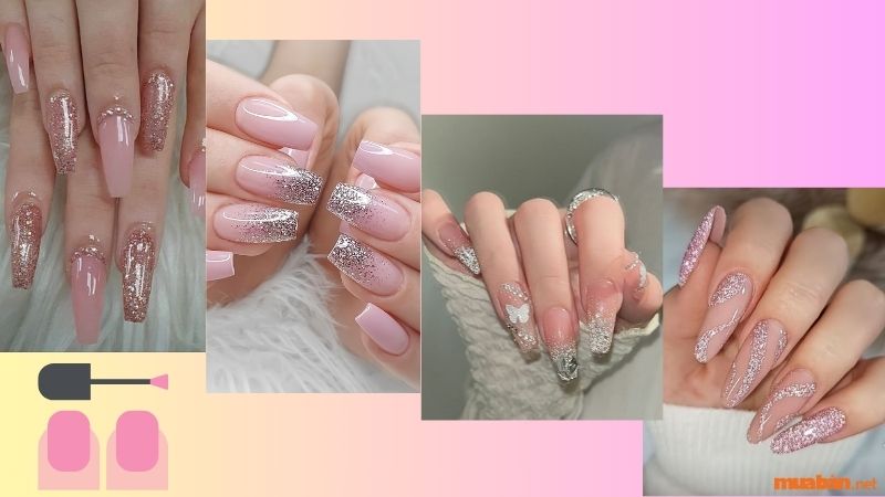 Mẫu nail màu hồng thạch kim tuyến