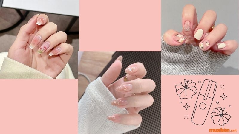 Mẫu nail màu hồng thạch vẽ hoa