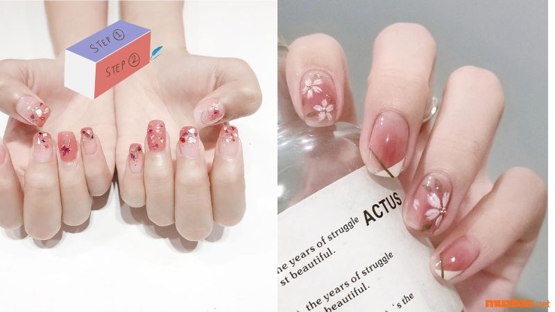 Mẫu nail màu hồng thạch vẽ hoa