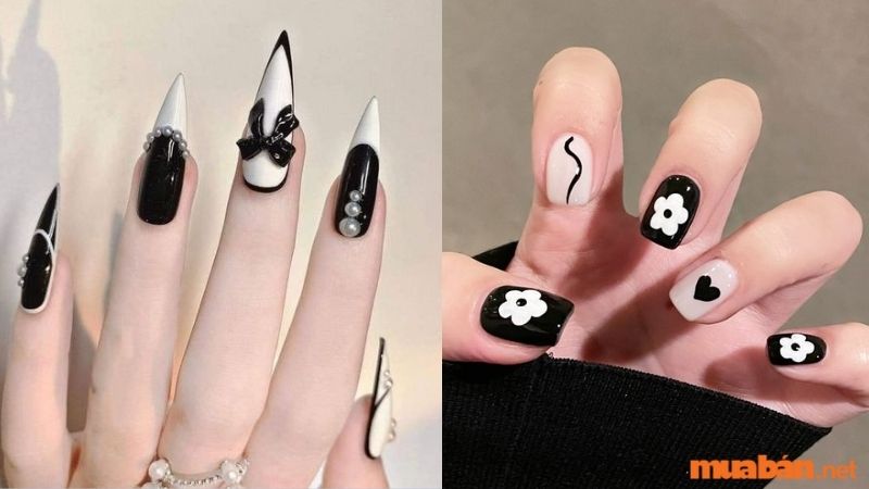 Mẫu nail trắng sang chảnh kết hợp màu đen 1