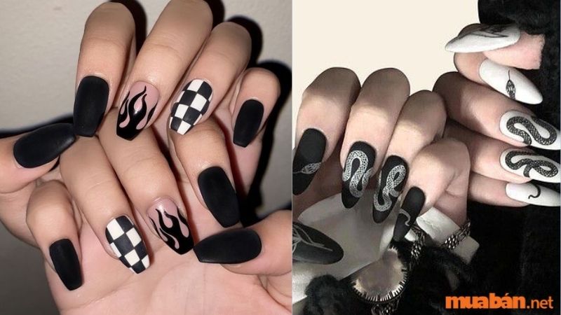 Mẫu nail trắng sang chảnh kết hợp màu đen 2