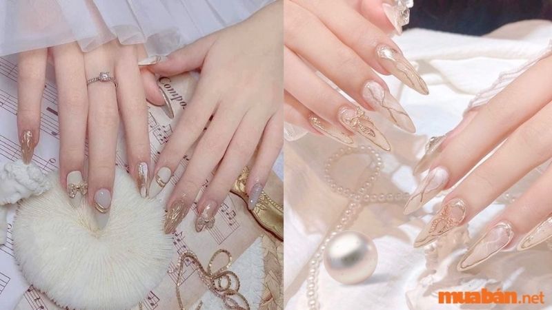 Mẫu nail trắng sang chảnh kết hợp màu gold 1