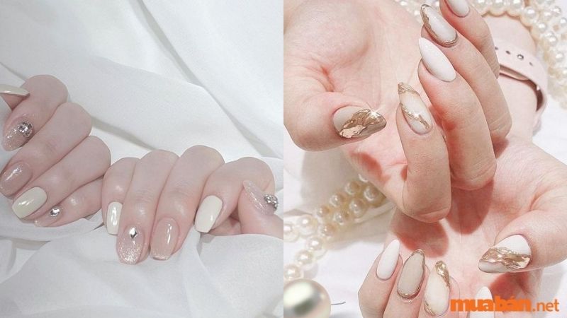 Mẫu nail trắng sang chảnh kết hợp màu gold 2