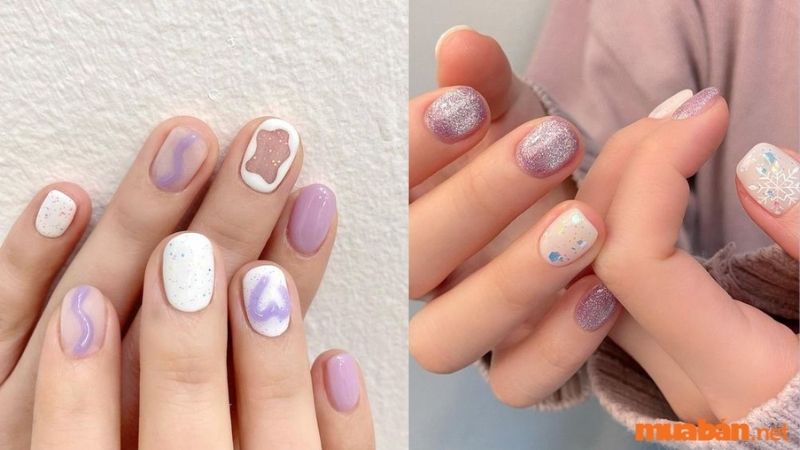 Mẫu nail trắng sang chảnh kết hợp màu tím 1