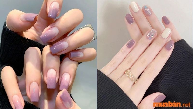 Mẫu nail trắng sang chảnh kết hợp màu tím 2