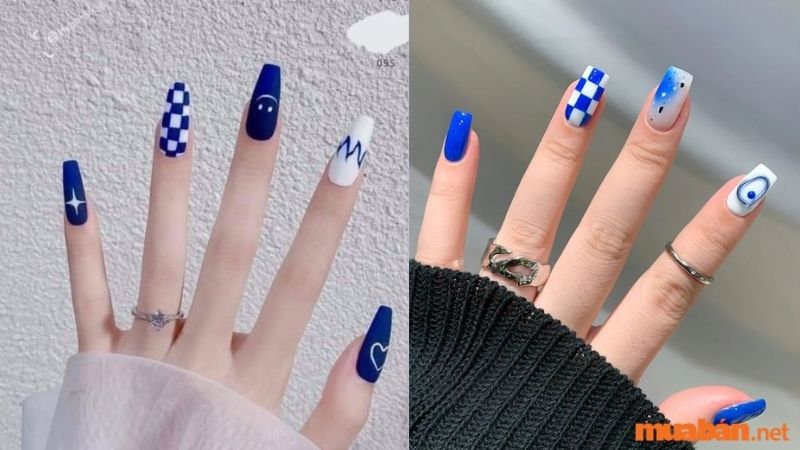 Mẫu nail trắng sang chảnh kết hợp màu xanh 3