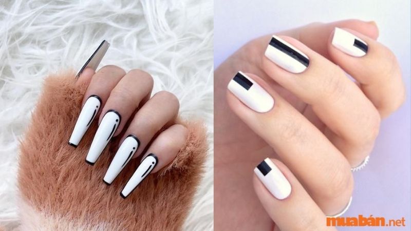 Mẫu nail trắng sang chảnh kết hợp viền đen 2