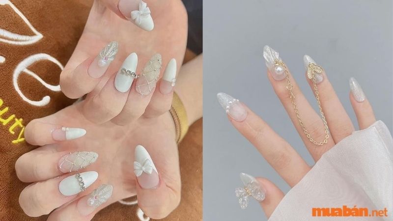 Mẫu nail trắng sang chảnh kết hợp đính đá 2