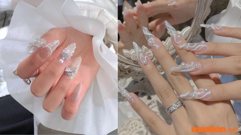 Mẫu nail trắng sang chảnh kết hợp đính đá 3