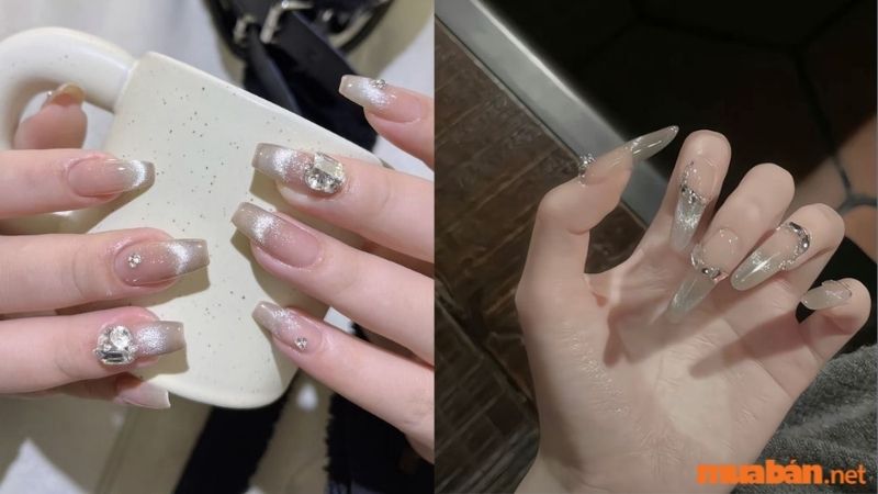 Mẫu nail trắng sang chảnh kết hợp mắt mèo 1