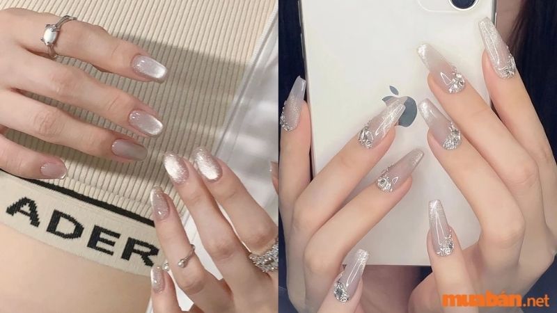 Mẫu nail trắng sang chảnh kết hợp mắt mèo 3