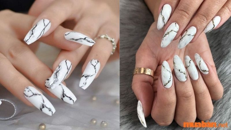 Mẫu nail trắng sang chảnh kết hợp vân đá 1