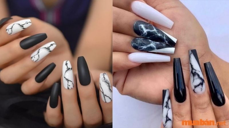 Mẫu nail trắng sang chảnh kết hợp vân đá 2