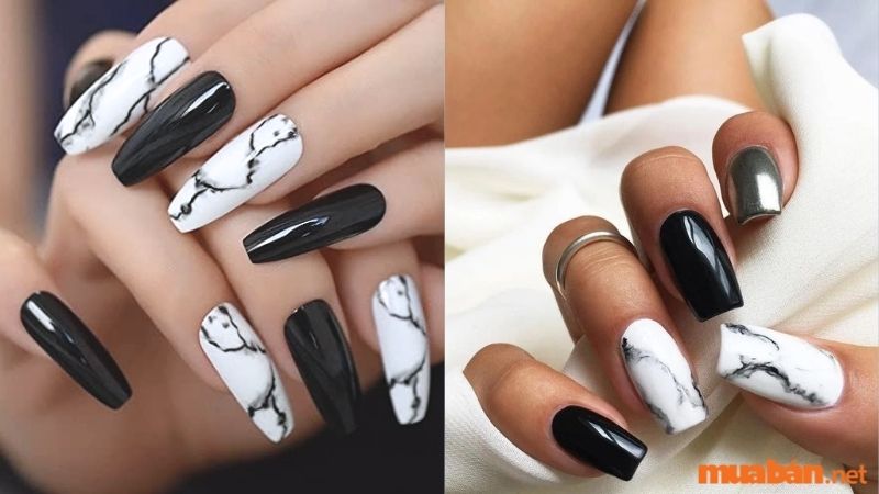 Mẫu nail trắng sang chảnh kết hợp vân đá 3