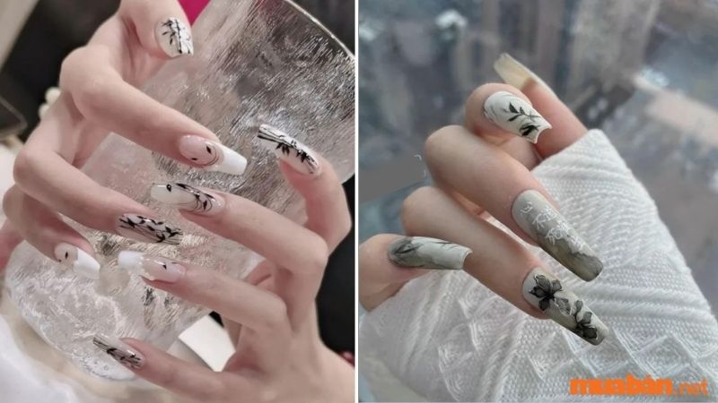 Mẫu nail trắng sang chảnh kết hợp họa tiết hoa 2