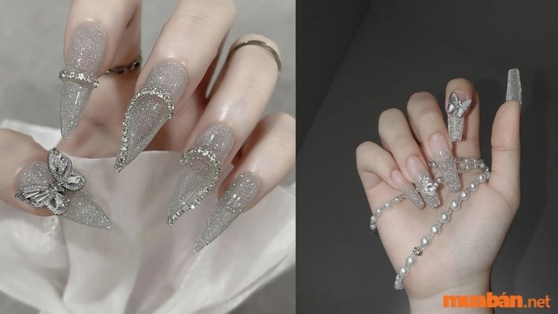 Mẫu nail trắng sang chảnh kết hợp bạc kim tuyến 1