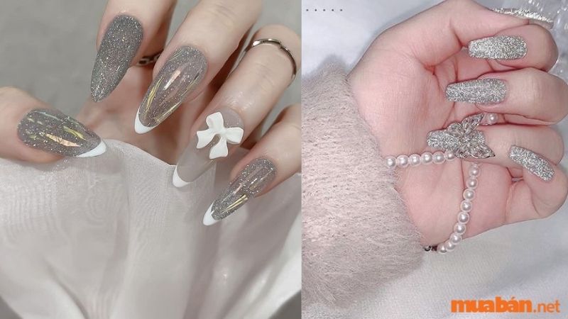 Mẫu nail trắng sang chảnh kết hợp bạc kim tuyến 2