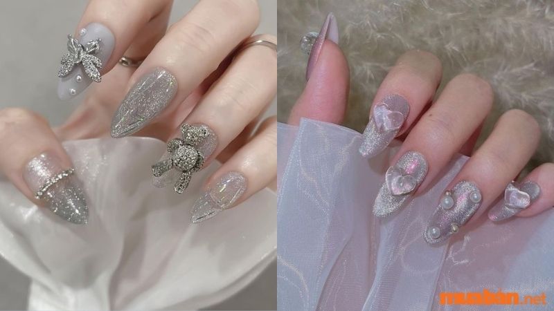 Mẫu nail trắng sang chảnh kết hợp bạc kim tuyến 3