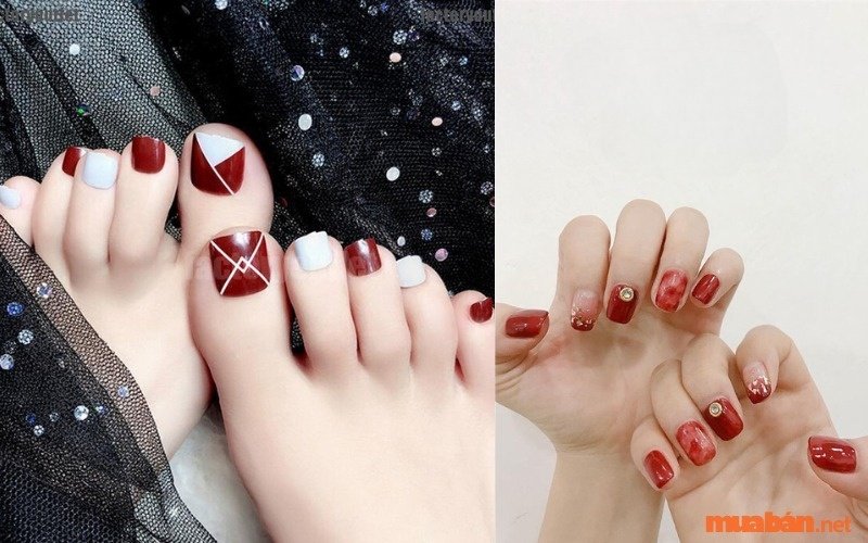 Mẫu nail màu đỏ rượu kết hợp vẽ hoạ tiết