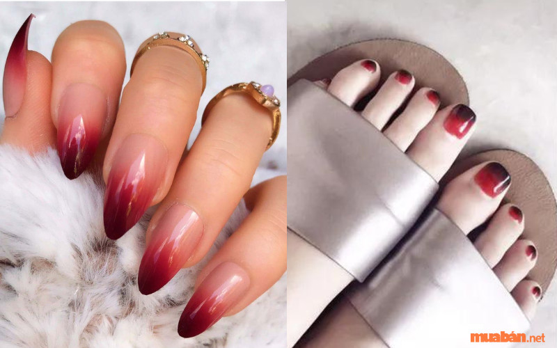 Mẫu nail màu đỏ rượu ombre dành cho móng chân và móng tay